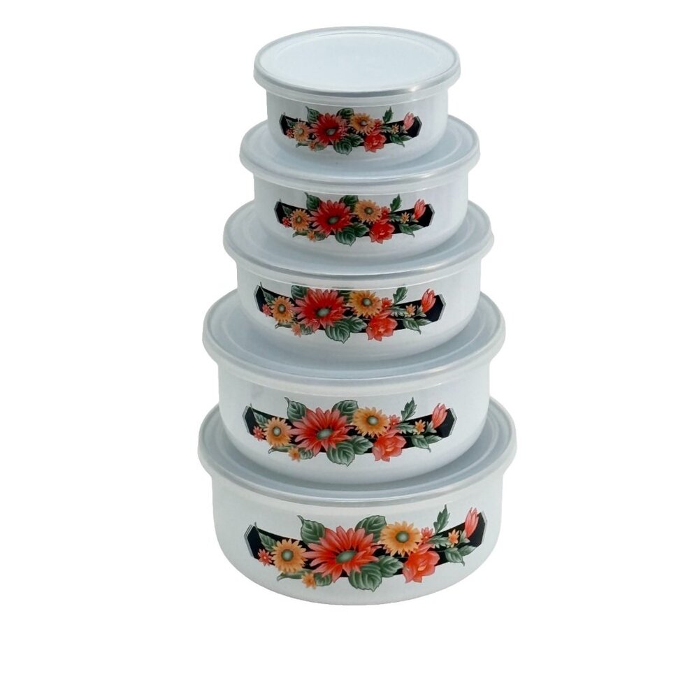 Floral Mixing Bowl Nesting 5 Piece Set Enamel Ware Lids Wild Flower NOS Vtg